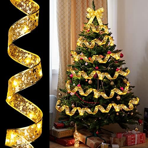 אורות סרט עץ חג המולד הזהב - 33 רגל, 100 אורות חג מולד המופעלים על סוללות LED | קישוטים לעץ חג